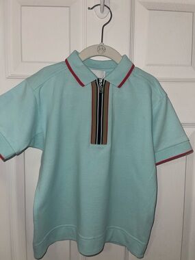 Burberry Light Aqua Polo with Red-Trim Collar and Striped Zip Placket